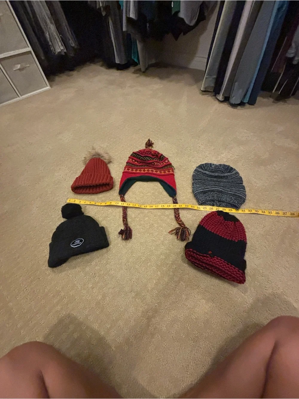 Lot of 7 Knit Beanies and Earflap Hat - Red, Gray, Black, Orange